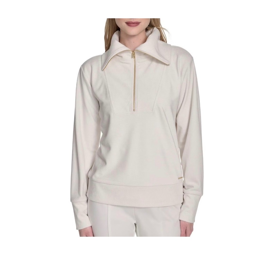Halston Women White‎ Ribbed Quarter-Zip Pullover Funnel Neck Gold Hardware XXL